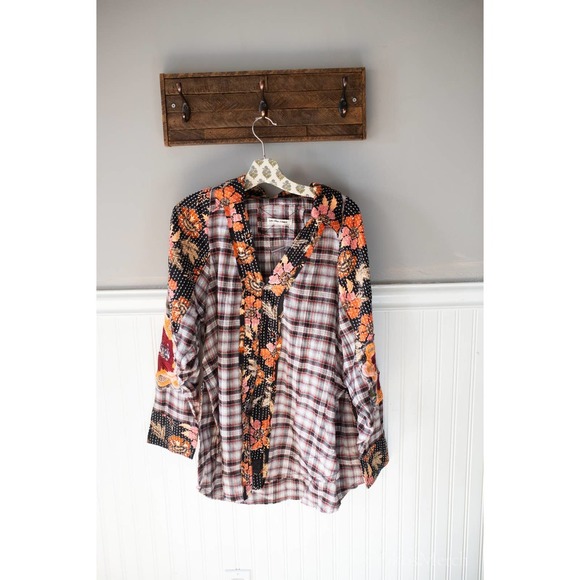 Free People Black & White Plaid Button-Down with Floral Patchwork - Picture 2 of 5